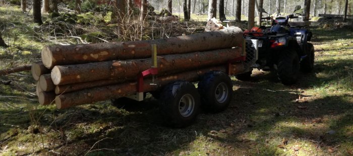 En ATV kopplad till en släpvagn full med timmerstockar i skogen.