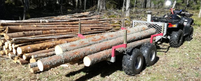 Fyrhjuling med släpvagn lastad med timmer i solig skogsmiljö.