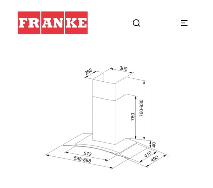 Teknisk ritning av en köksfläkt med måttangivelser och logotypen för Franke i toppen.