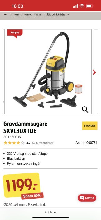 En gul och svart grovdammsugare från Stanley på kampanj för 1199 kronor, inklusive fyra munstycken.