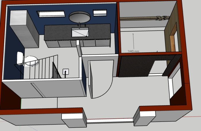 3D-modell av bostadsplan. Inkluderar kök, sängplats, badrum, trappa och måttangivelser.