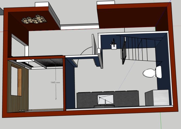 3D-modell av ett modernt rum med möbler, skärmtak, måttangivelser och spis med ved.