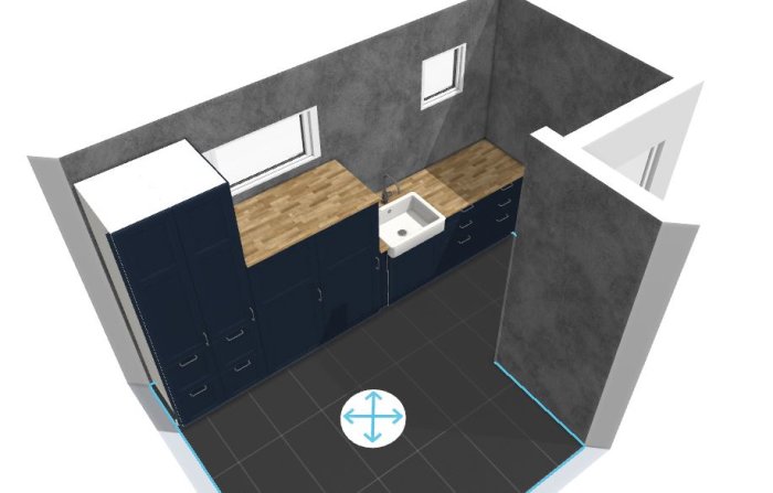 3D-ritning av ett modernt litet kök med mörka skåp och träbänkskiva.
