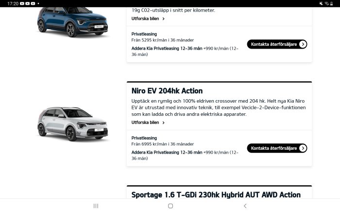 Skärmdump på bilannonser, Kia-modeller, privatleasinginformation, elektriska och hybridfordon.