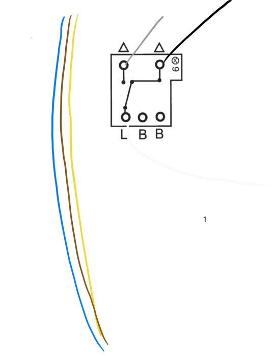 Schematisk ritning, elektriska symboler, teknisk illustration, ledningar i gult, blått och brunt.