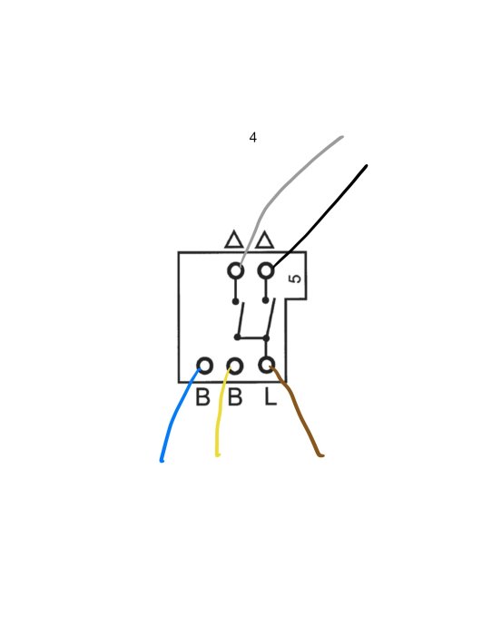 Elektriskt kopplingsschema: switchar, lampor, ledningar med färgkodning, teknisk ritning.