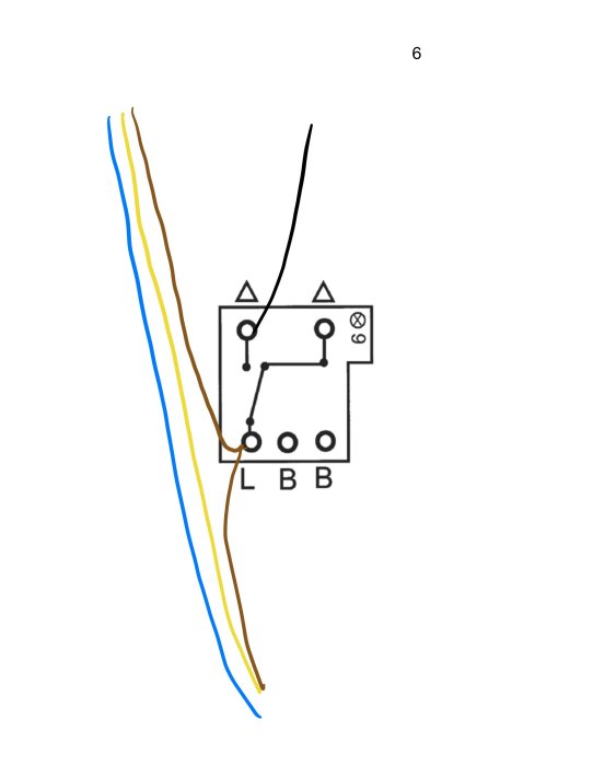 Schematisk representation av elektrisk krets eller system, möjligtvis för en installation. Symboler och linjer indikerar komponenter och anslutningar.