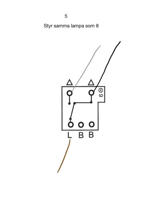 Elektriskt kopplingsschema med två brytare och en lampa, anvisning på svenska, teknisk illustration.