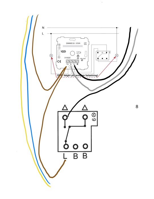 Elektrisk kopplingsschema för dimmer med märkningar och färgade kablar.