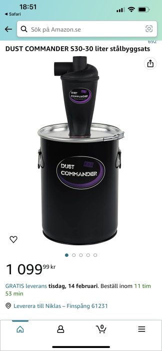 Dust Commander S30, 30 liters stålbyggsats, svart, skärm med webbläsare, produktsida på Amazon.se.