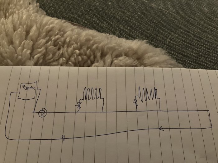 Handritad elektrisk krets med komponenter på linjerat papper, över en mjuk filt.