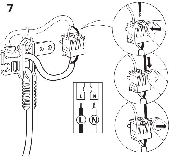 Instruktionsbild för att ansluta kablar till en elektrisk kontakt. Markerade positiv och negativ pol.