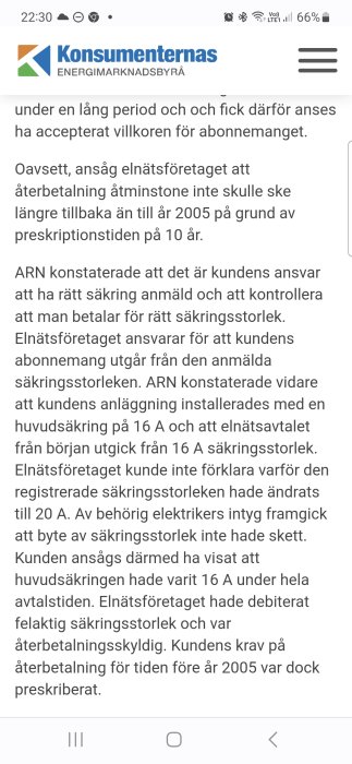 Skärmupptagning av text från Konsumenternas Energimarknadsbyrå om återbetalningsskyldighet och säkringsstorlek.