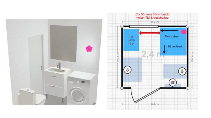 3D-rendering av badrum och dess ritning med måttangivelser för renovering eller designplanering.