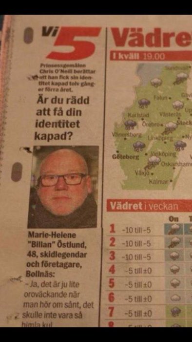 Tidningsutklipp med artikel, väderprognos, personcitat om identitetsstöld. Man i glasögon synlig. Röd bakgrundsfärg på rubrik.