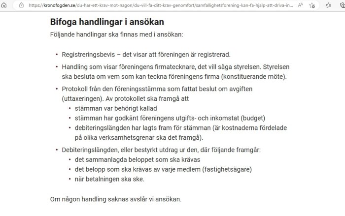 En svensk webbsida med information om ansökningshandlingar för en förening hos Kronofogden.