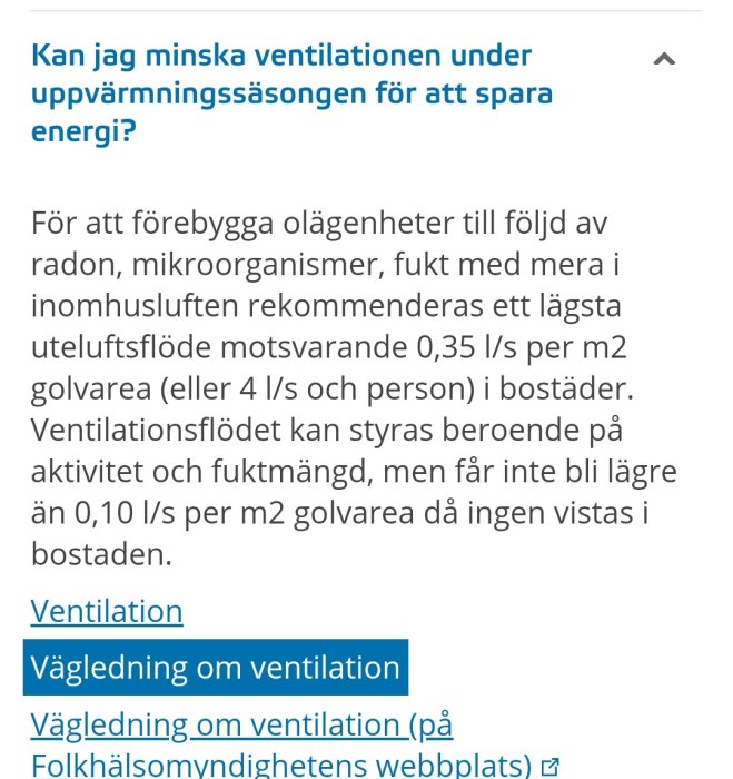 Svensk text om ventilation, rekommendationer för inomhusluft, länk till vägledning.