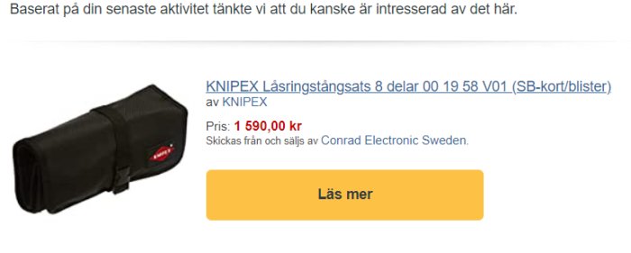 Knipex låsringstångssats i väska, åtta delar, svart, prisinfo, Conrad Electronic Sweden, "Läs mer"-knapp.