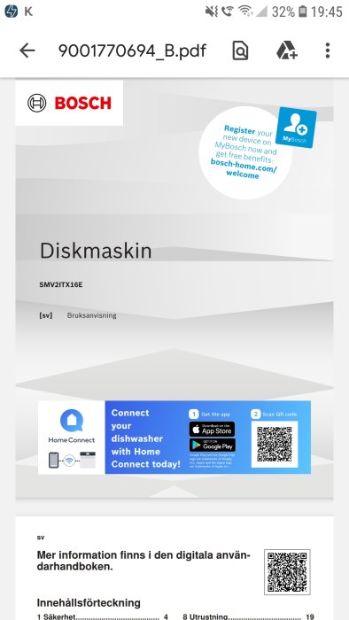 PDF-manual för Bosch diskmaskin, innehållsförteckning och uppmaning att ansluta till Home Connect.