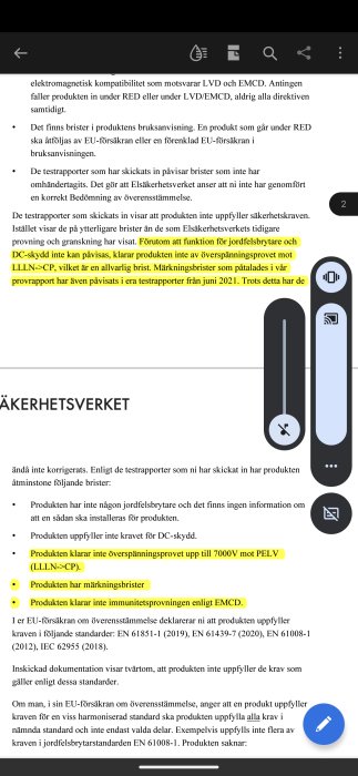 Text på svenska från myndigheten Elsäkerhetsverket om en produkts brister i säkerhetskrav och märkning.