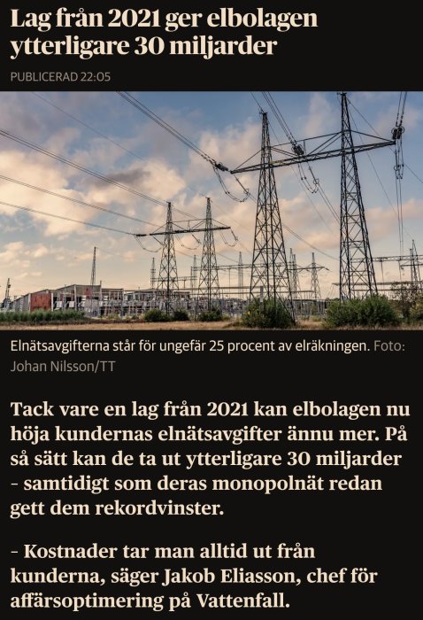 Elektriska ledningar och stolpar mot blå himmel, artikel om elbolagens nätavgifter och lagändringar.