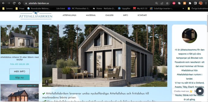 Webbsida för Attefallshus, modern design, skogsområde, information om försäljning och priser, med bastualternativ.