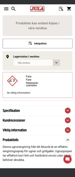 Skärmbild av webbsida; varningsikoner; produktinformation; inköpslistalternativ; varuhuslagerstatus; Jula logotyp.