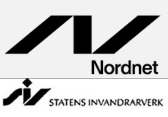 Två logotyper, en för Nordnet, en för Statens Invandrarverk, svartvitt, grafiska symboler med text.