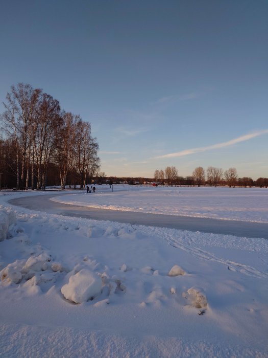 Vinterlandskap med snö, istäckt yta, människor i fjärran, barträd, sen eftermiddag eller solnedgång.