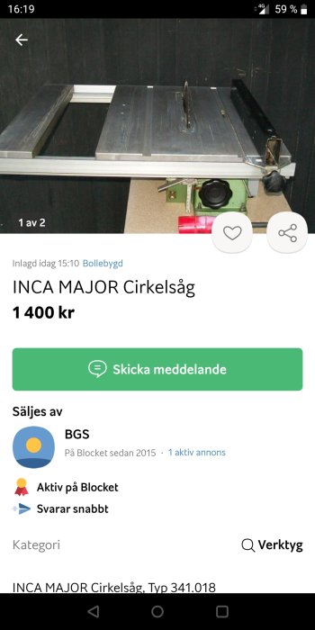 Cirkelsåg till salu på online-annonssida, INCA MAJOR, pris 1400 kr, verktyg, säljarprofil och kontaktinformation synlig.