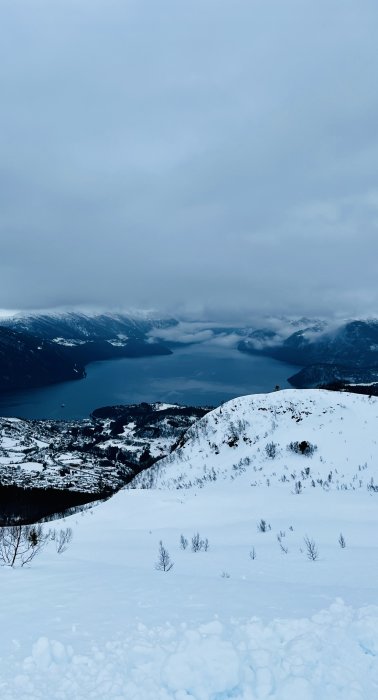 Vinterlandskap med snö, fjord, berg, moln, och en liten by. Fredligt och kallt naturvy.