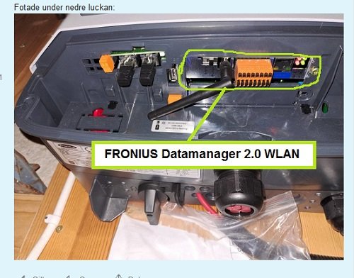 Energihanteringssystem, Fronius Datamanager 2.0, elektrisk komponenter, anslutningar, beskrivet i bildtext.