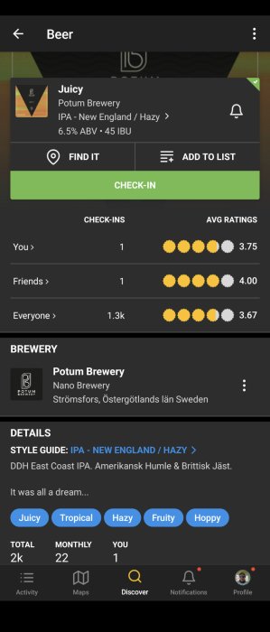 Skärmdump av ölprofil från app, "Juicy" IPA, Potum Brewery, användarbetyg och bryggeriinformation synlig.