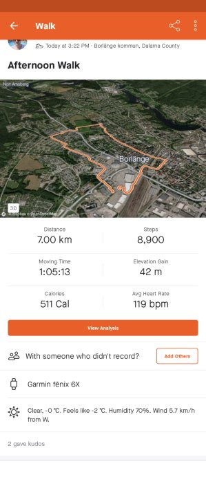 Fitness-appskärm som visar 7 km promenad i Borlänge med rutt, steg, kaloriförbränning och väderinfo.