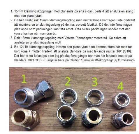 Fem olika rörkopplingar mot träbakgrund beskrivs med instruktioner och användningsområden på svenska.