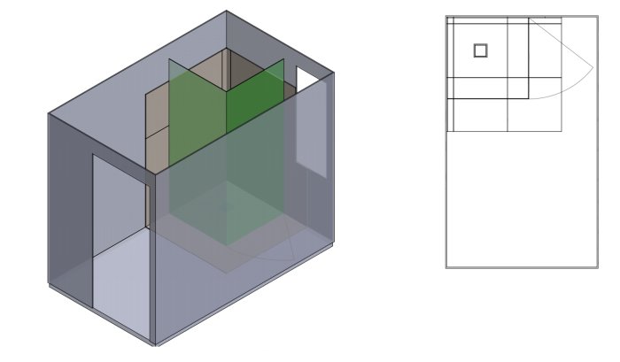 Isometrisk och planvy av ett enkelt arkitektoniskt utrymme, transparenta väggar, avdelning, och möbleringsföremål.