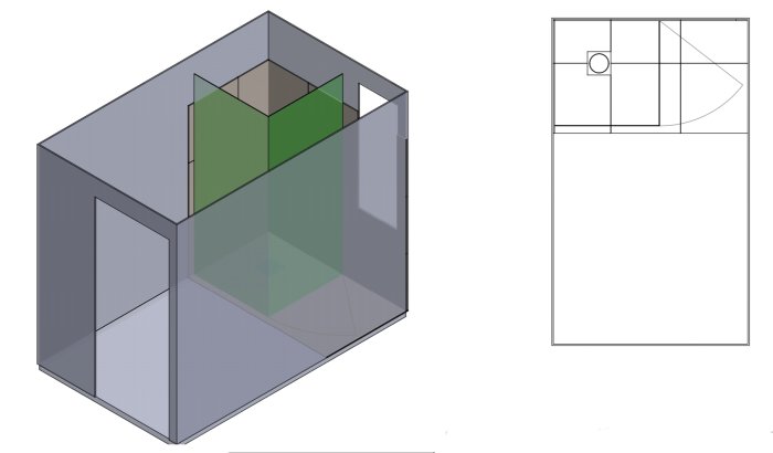 3D-modell av enkelt rum med möbler och 2D-planritning. Transparenta väggar, minimalistisk design.