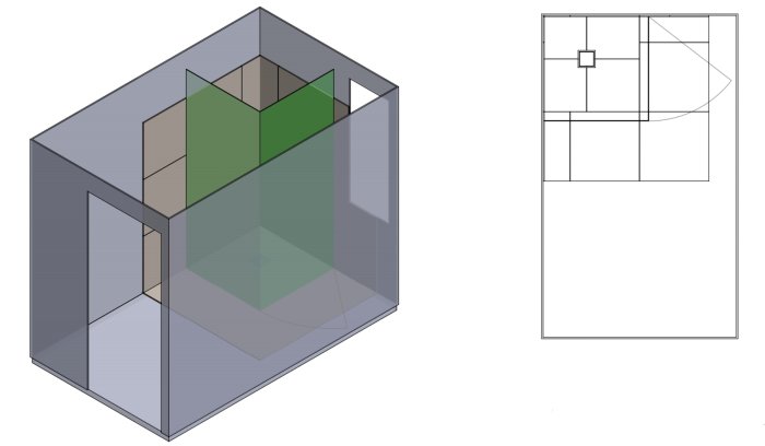 3D-modell och planritning av ett litet, enkelt hus med flera rum, möjligtvis en arkitekturskiss.