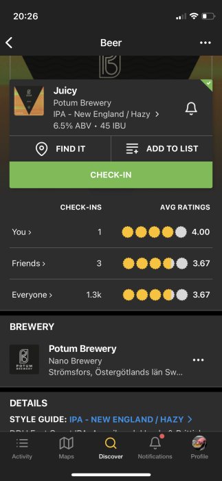 Appskärm för ölrecension, "Juicy" av Potum Brewery, med betyg och check-in statistik.