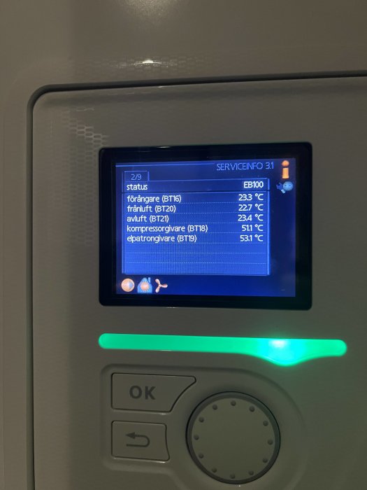 Digital skärm visar temperaturstatus i grader Celsius, knappar nedanför, grönt ljus, teknisk apparat, serviceinformation.