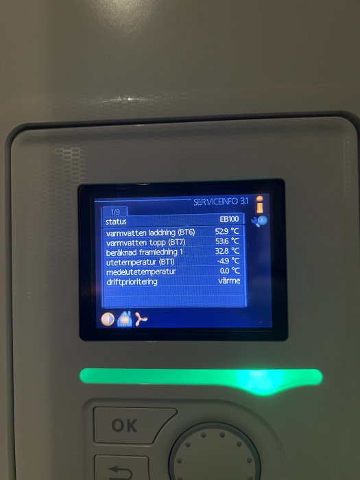 Digital display med temperaturinformation för varmvatten och värmesystem, omgivet av grå panel och knappar.