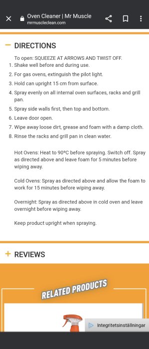 Instruktioner för ugnrengöring från Mr Muscle: användningsanvisningar, tips för varma och kalla ugnar, och över natten rengöring.