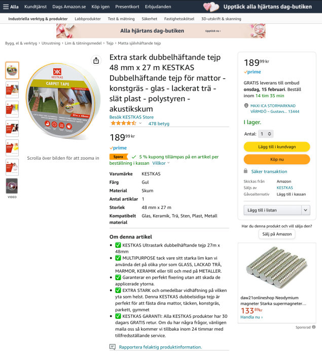 E-handelssida som visar dubbelhäftande tejp för mattor med produktinformation och pris.