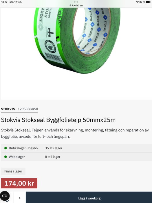 Grön byggfolietejp rulle, 50mm x 25m, använd för tätning, avsedd som ångspärr, pris 174 kr.