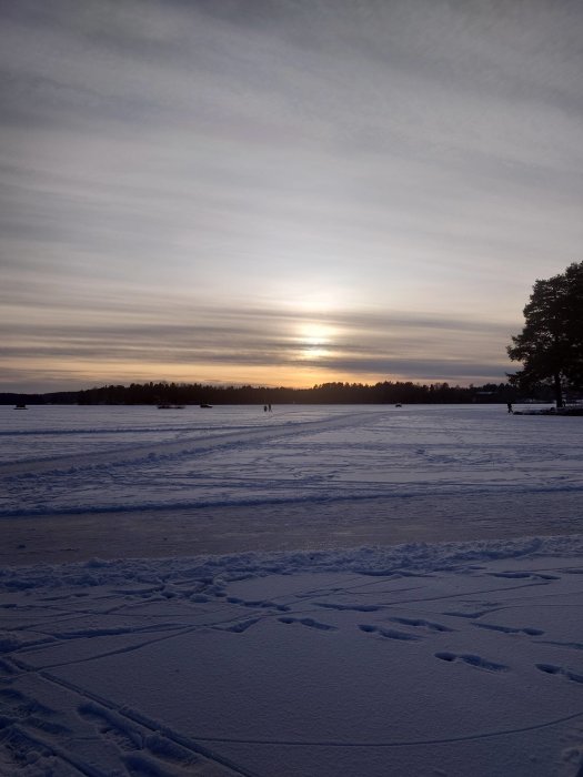 Vintersolnedgång, snö, isbelagd sjö, träd, fotspår, lugnt, kalla färger, person i fjärran, naturskönhet, fridfull.