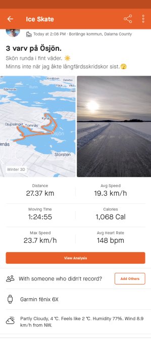 Skridskoaktivitet på Ösjön, 27,37 km, bra väder, GPS-spår, statistik, klocka, väderinfo, skärmdump från app.