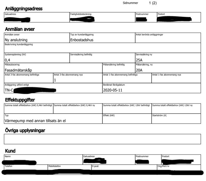 Svensk blankett för elanslutning, innehåller tekniska specifikationer och kunduppgifter, med viss information dold.