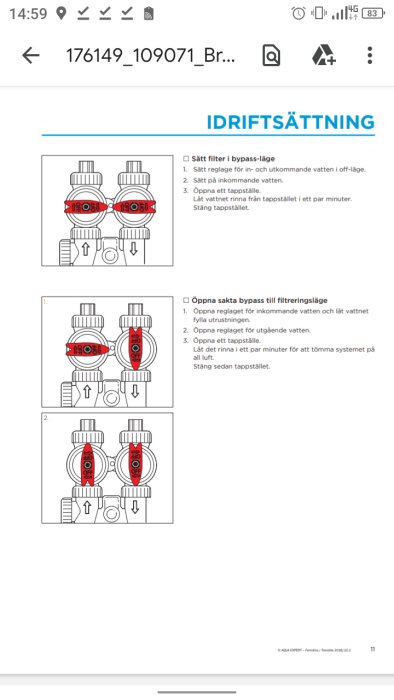 Instruktioner för att sätta ett vattenfiltersystem i bypass-läge och för luftning. Inkluderar tecknade diagram och numrerade steg.