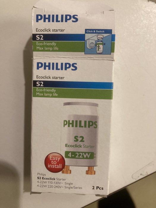 Philips S2 Ecoclick starterförpackning, miljövänlig, tjänar maximal lamplevetid, 4-22W, enkel att installera, 2 stycken.