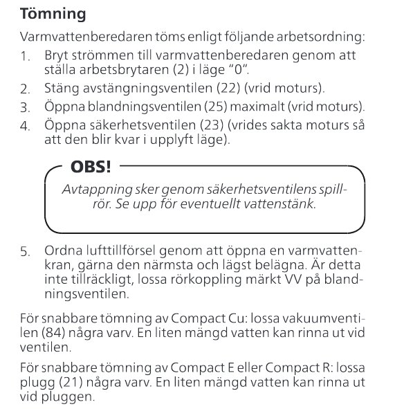 Instruktioner för tömning av varmvattenberedare på svenska, innehåller varningstext och steg-för-steg guide.